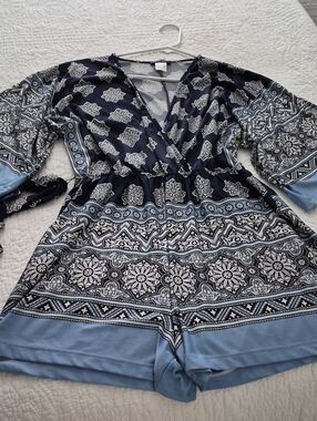 VENUS Navy and Light Blue Printed Waist-Tie Kimono Style One Piece Shorts Set